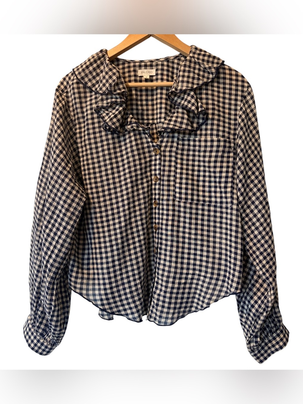 Anthropologie Pilcro Ruffled Collar Gingham Shirt Navy & Tan Womens Medium